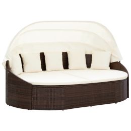 Outdoor Lounge Bed with Canopy Poly Rattan Brown(D0102HEV0AG)
