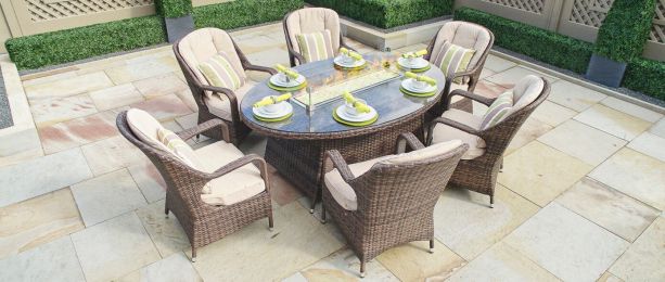 Turnbury Outdoor 7 Piece Patio Wicker Gas Fire Pit Set Oval Table with Arm Chairs by Direct Wicker(D0102HHGELA)