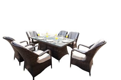 Turnbury Outdoor 7 Piece Patio Wicker Gas Fire Pit Set Rectangular Table With Arm Chairs by Direct Wicker(D0102HHGELW)