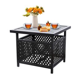 MEOOEM Patio Side Table with 1.57" Umbrella Hole Outdoor Stand Metal Bistro Table for Coffee Deck Garden Pool, Black(D0102HP64HV)