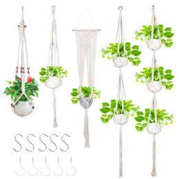 5 Packs Macrame Plant Hangers with 5 Hooks, Different Tiers, Handmade Cotton Rope Hanging Planters Boho Home Decor YJ(D0102HPIGNA)