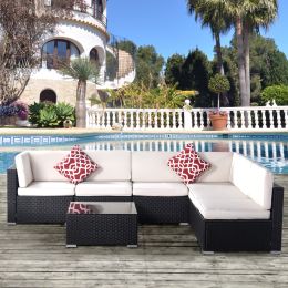 Outdoor Garden Patio Furniture 7-Piece PE Rattan Wicker Sectional Cushioned Sofa Sets with 2 Pillows and Coffee Table(D0102HPWT9A)