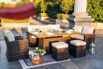 7 PCS Patio Conversational Sofa Set With 1 Gas Firepit And Ice Container Rectangle Dining Table. 1 Storage Box  And 2 Ottomans(D0102HPZCIA)