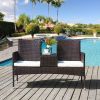 Outdoor Conversation Patio Rattan Chair and Desk set,Hand-Made Rattan loveseat outdoor indoor with Padded Cushion (Brown)