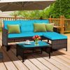 3 Pcs Patio Wicker Rattan Outdoor Furniture Conversation Set with Coffee Table for Garden Lawn Backyard Poolside.(Blue Cushion)(D0102HPI3BA)
