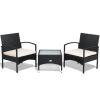 3 Pcs Patio Wicker Rattan Furniture Set with White Cushion(D0102HPI3TW)