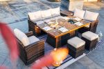 7 PCS Patio Conversational Sofa Set With 1 Gas Firepit And Ice Container Rectangle Dining Table. 1 Storage Box  And 2 Ottomans(D0102HPZCIA)