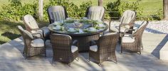 Turnbury Outdoor 9 Piece Patio Wicker Gas Fire Pit Set Round Table With Arm Chairs by Direct Wicker(D0102HHGEGA)